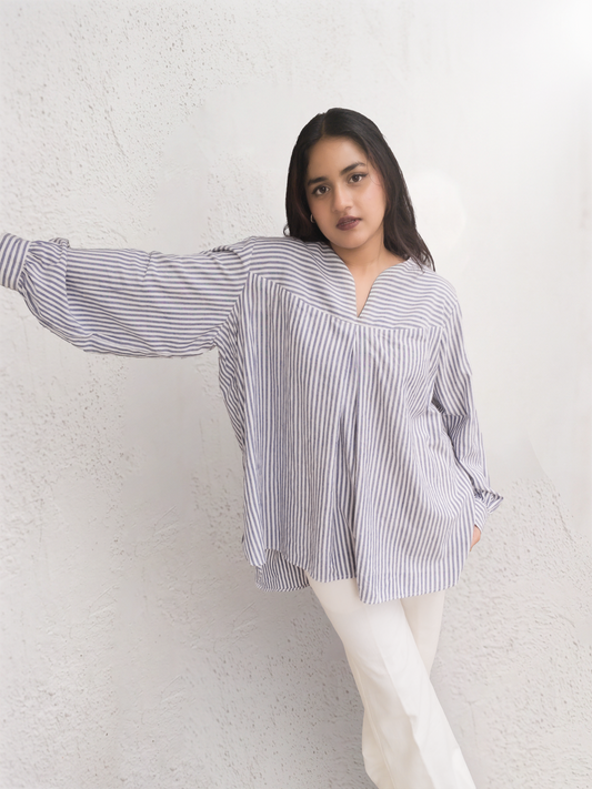Oversized blue and white striped tunic