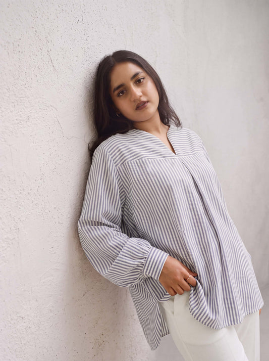 Oversized blue and white striped tunic