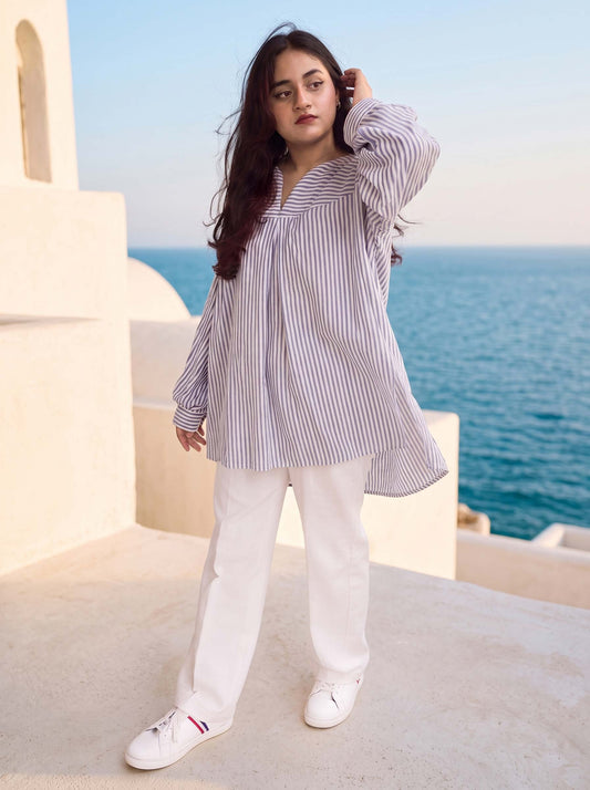 Oversized blue and white striped tunic