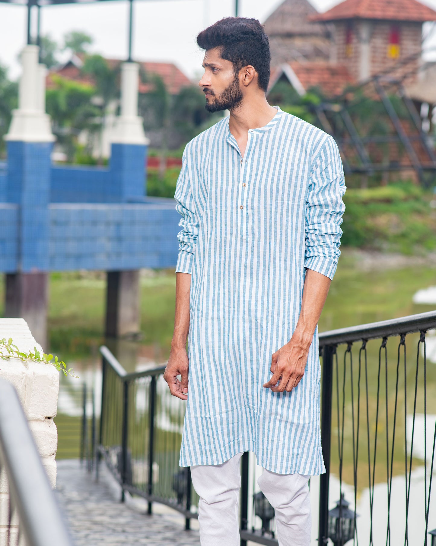 Handloom Long Kurta Green Stripe