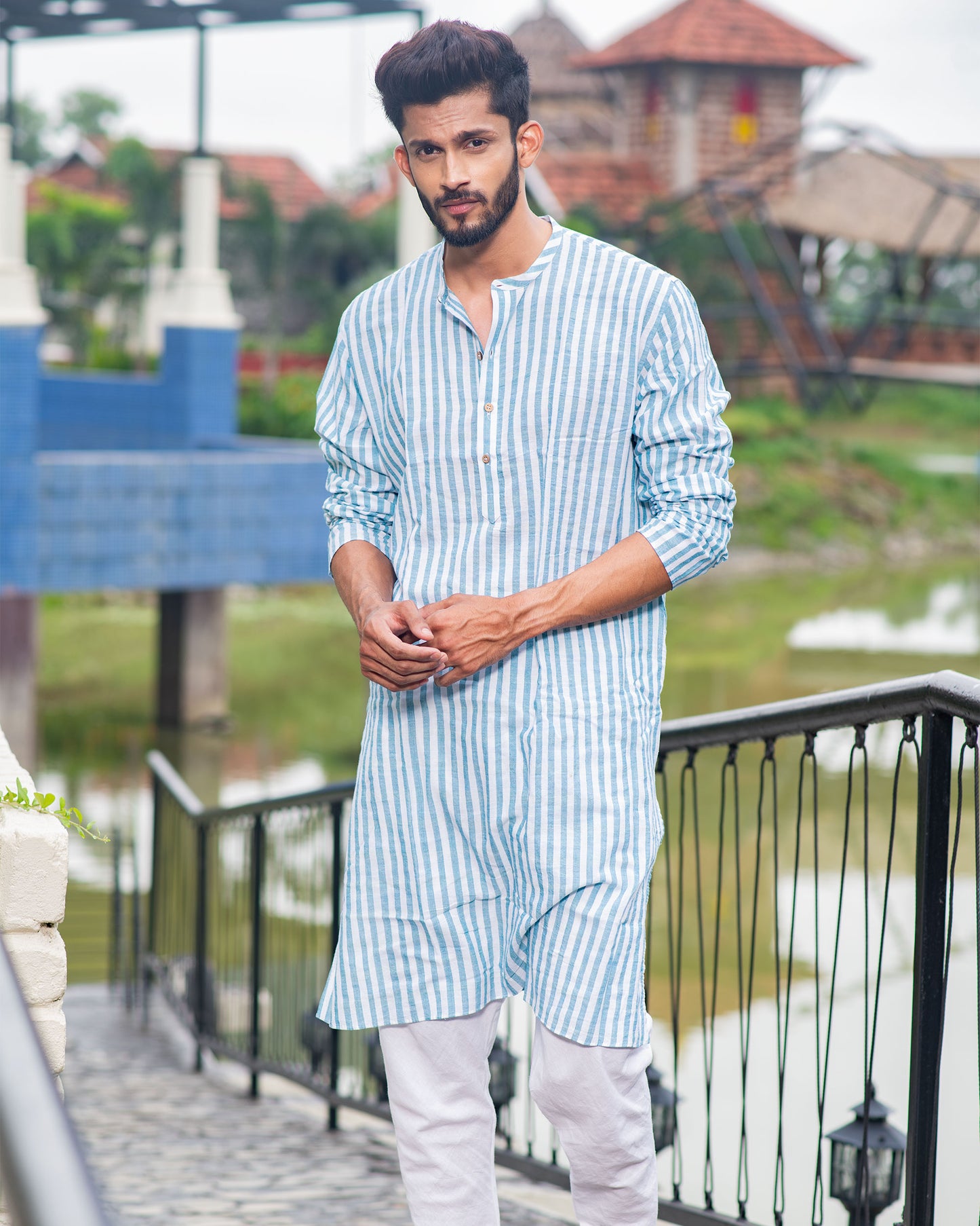 Handloom Long Kurta Green Stripe