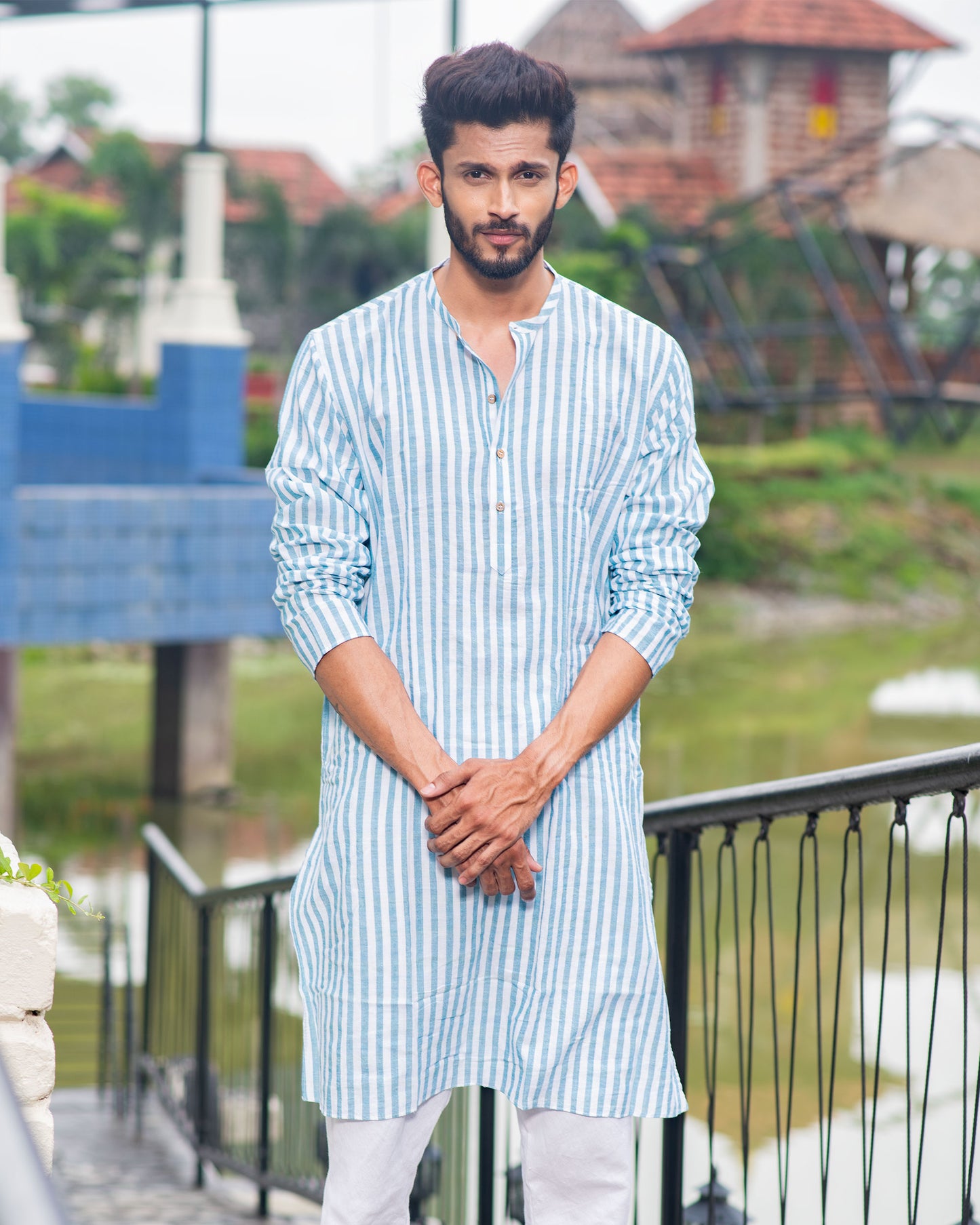 Handloom Long Kurta Green Stripe