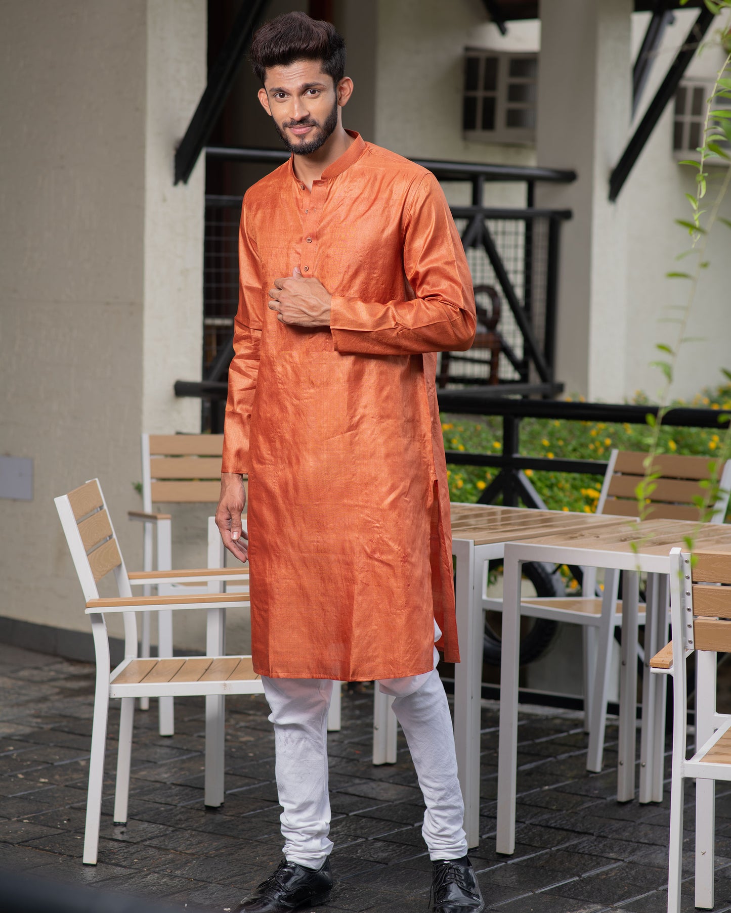 Tussar Handloom Long Kurta (Saffron)