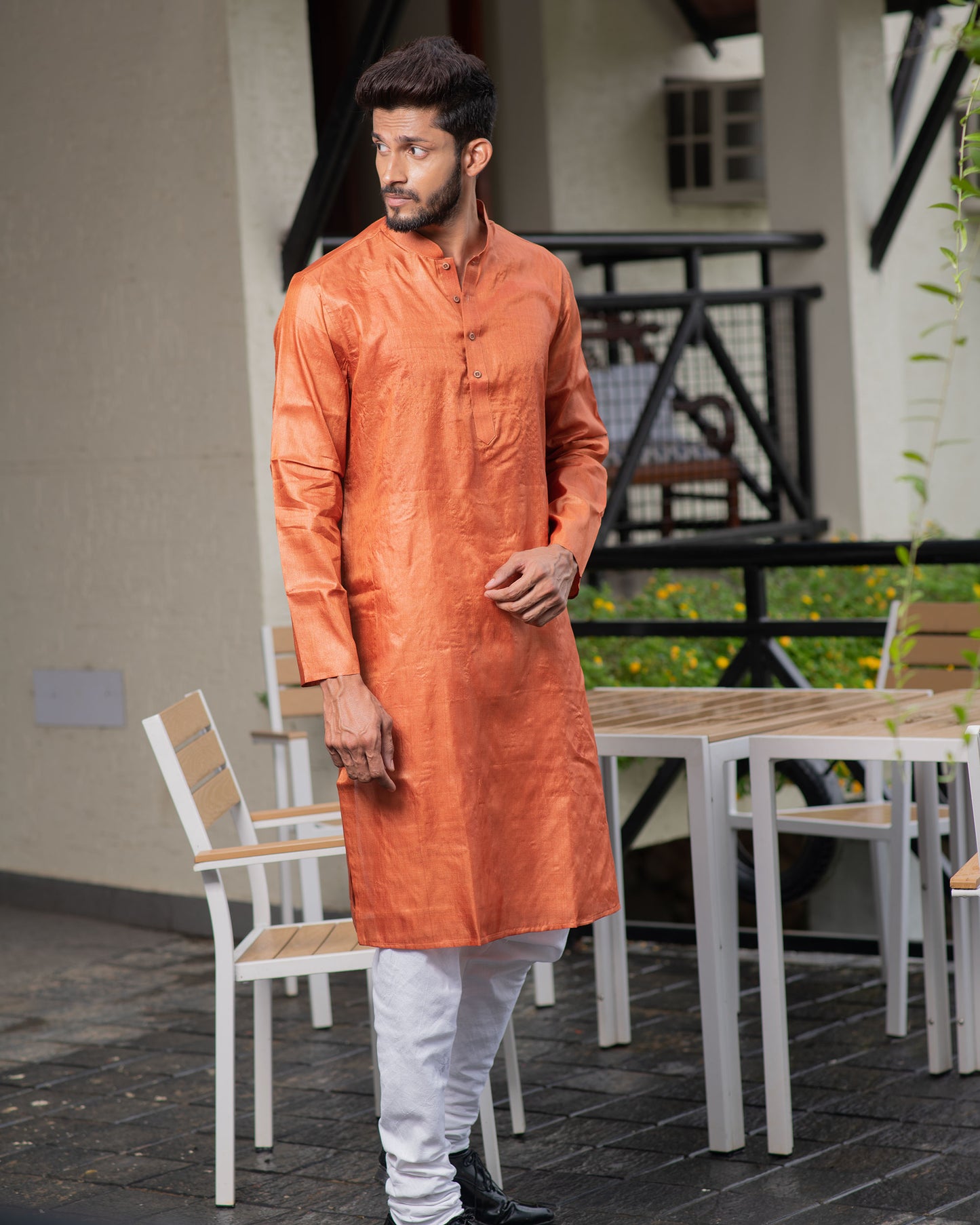 Tussar Handloom Long Kurta (Saffron)