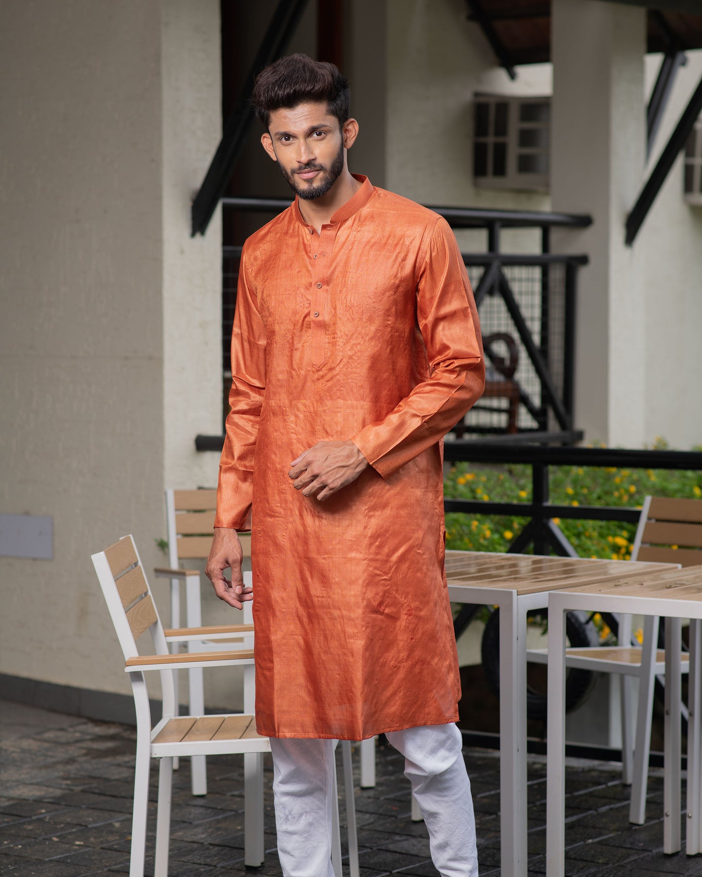 Tussar Handloom Long Kurta (Saffron)