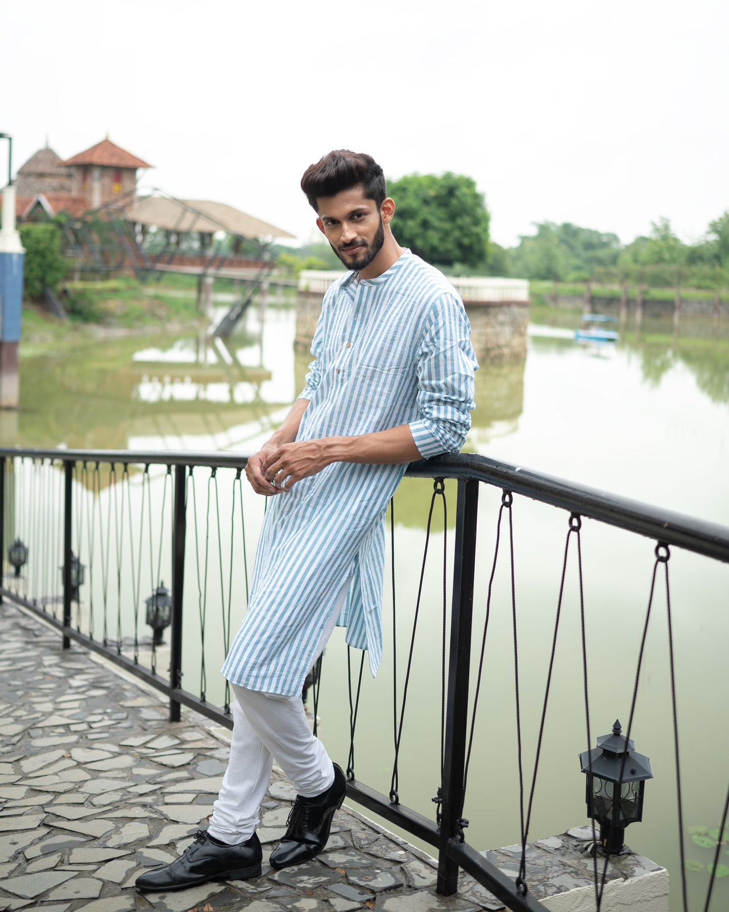 Handloom Long Kurta Green Stripe