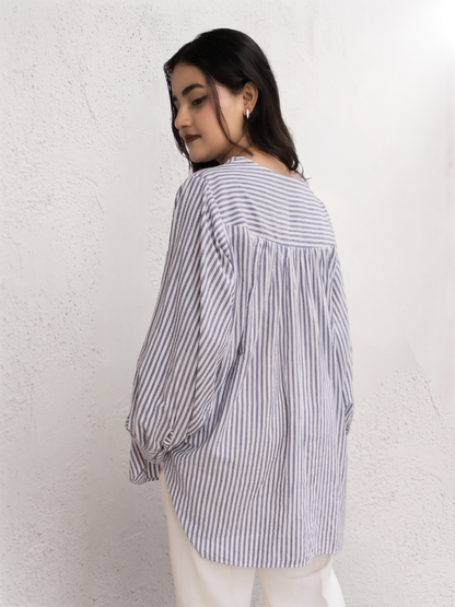 Oversized blue and white striped tunic