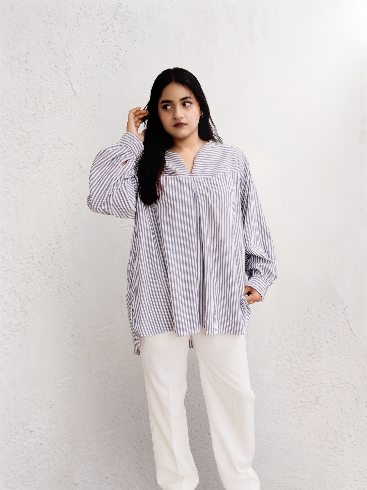 Oversized blue and white striped tunic