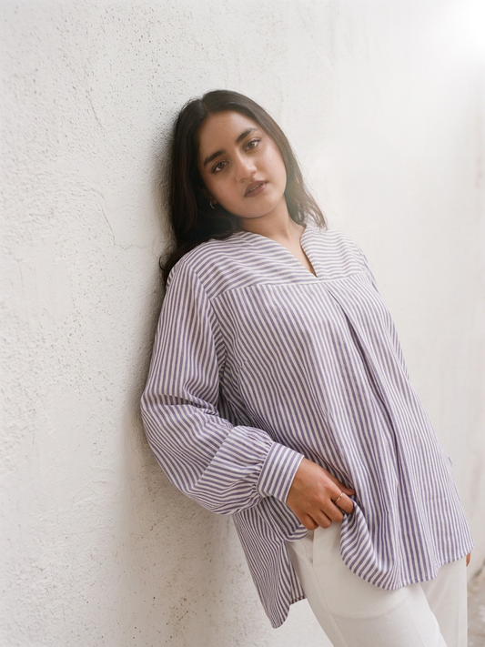 Oversized blue and white striped tunic