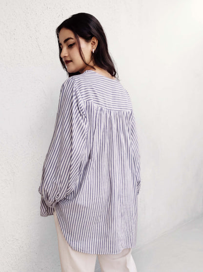 Oversized blue and white striped tunic