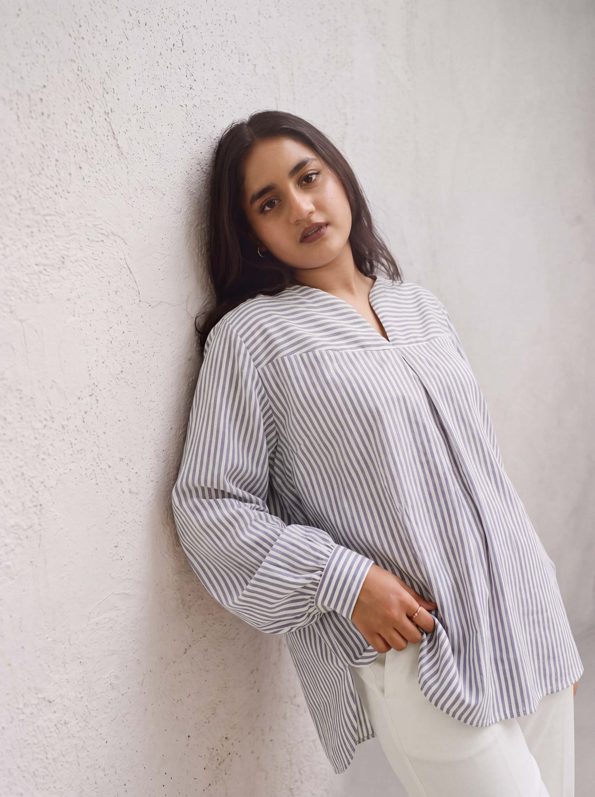 Oversized blue and white striped tunic