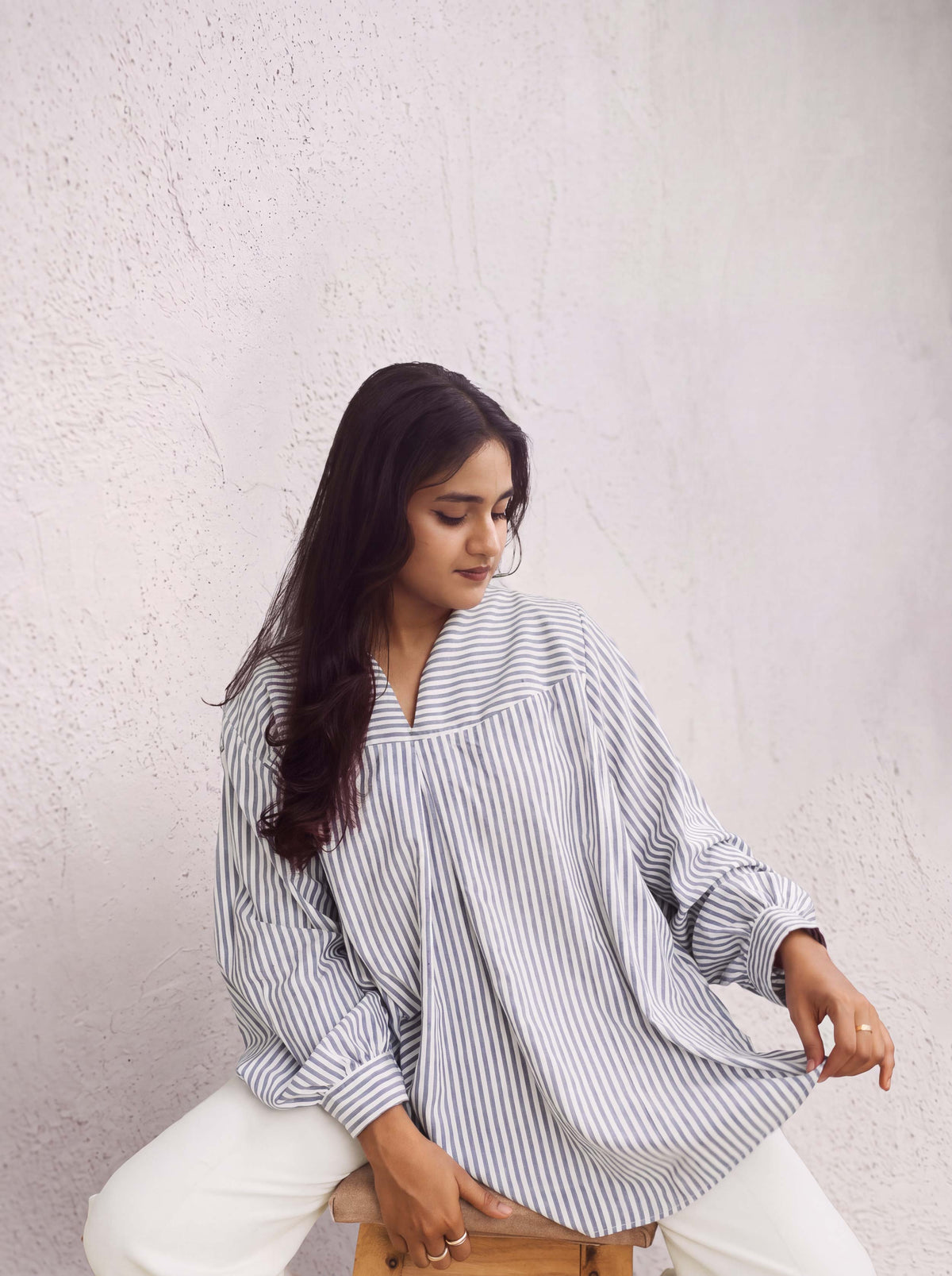 Oversized blue and white striped tunic