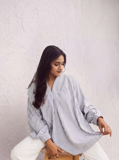 Oversized blue and white striped tunic