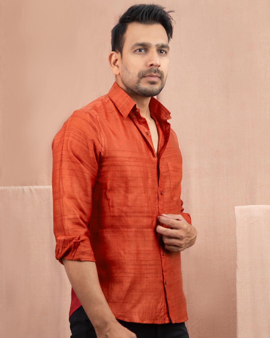 Tussar Full Sleeve Shirt Saffron